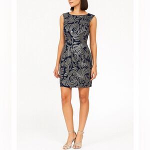 Adrianna Papell Blouson Sleeveless Cocktail Dress in Navy and Silver Swirl 4